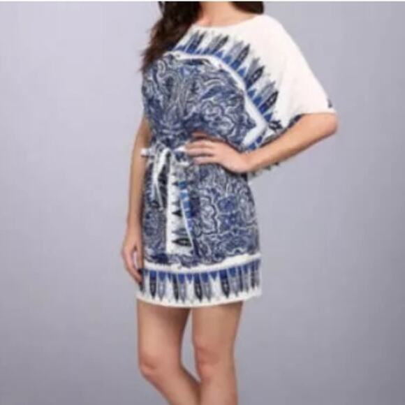 BCBGMaxazria Leia Silk One Shoulder Sleeve Print Tunic Spring Dress Mini Size XS - Picture 1 of 11